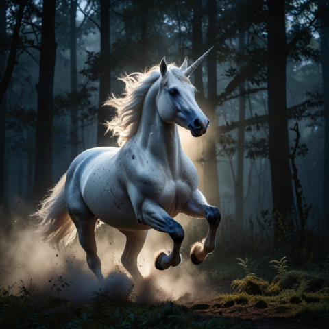 A majestic white unicorn galloping