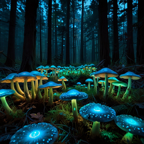 A forest of giant mushrooms glowing