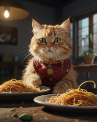 A cat standing on 2 legs eating spaghetti