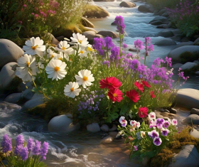 Beautiful flowers with flowing river