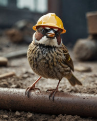 Jacked sparrow bird using a sledgehammer