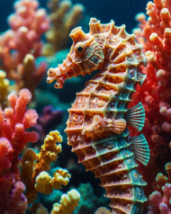 Seahorse in a colorful coral garden intricate