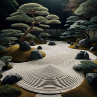 Serene Zen Garden with Raked Sand and Rocks